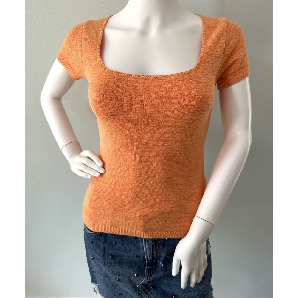 Y2K Peach Knit Top Square Neck Short Sleeve Fitted 90s Stretch Tee size M